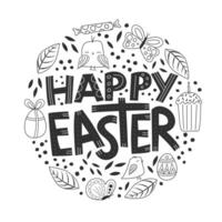 Happy easter quote with cute simple elements in a lineart style, black and white colors. vector