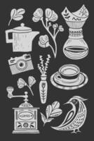 Coffee illustrations in linocut style. Retro style of elements, consist coffee grinder, pourover, cup, camera, bird and floral elements vector