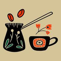 Hand drawn cezve and a cup in vintage style with ornament. Folk mood. Faded colors, black and orange. vector