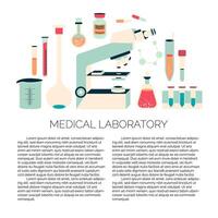 brochure design template of medical laboratory with chemical elements like microscope, pills, flask and other scientific equipment vector