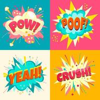Set of speech bubbles - pow, poof, crush, yeah. Cartoon colorful explosions. vector