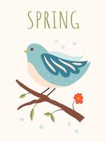 Spring composition for a card or postcard. Illustration with hand drawn decorative elements, isolated on white background. Cute bird on a brunch. vector