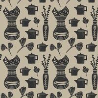 Seamless pattern with coffee illustrations in linocut style. Retro style of elements, consist pot, pourover and floral objects vector