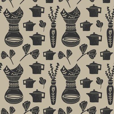 Seamless pattern with coffee illustrations in linocut style. Retro style of elements, consist pot, pourover and floral objects