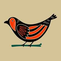 Hand drawn bird in vintage style with ornament. Folk mood. Faded colors, black and orange. vector