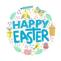 Happy easter quote with cute simple elements in a lineart style, colorful illustration. vector