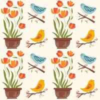 Seamless pattern with spring flowers in a pot and cute bird on brunch. Colorful floral illustration on light yellow background. vector