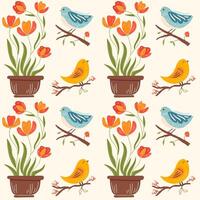 Seamless pattern with spring flowers in a pot and cute bird on brunch. Colorful floral illustration on light yellow background. vector