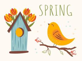 Spring composition for a card or postcard. Illustration with hand drawn decorative elements, isolated on white background. Cute elements - bird on brunch and birdhouse with flowers. vector