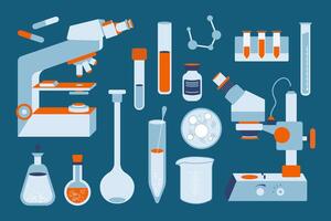 set of laboratory equipment. Medical instrument - microscope, flask, bottle, and other scientific elements. Flat simple style in trendy colors. vector