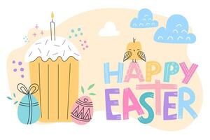 gift card with kulich, eggs, and cute elements like bird and clouds. Happy easter quote in simple style. Bright and lovely colors on white background vector