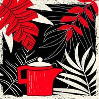 Grunge coffee illustration, square composition. Leaves and a pot in hand drawn style. Linocut, blockprint style. Limited pallete with black, red and white colors. vector