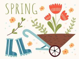 Spring composition for a card or postcard. Illustration with hand drawn decorative elements, isolated on white background. Cute elements - wellies, leaves and flowers in garden trolley. vector