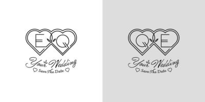 Letters EQ and QE Wedding Love Logo, for couples with E and Q initials vector