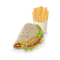 ilustración de tacos y francés papas fritas vector