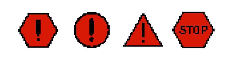 8 bit caution road sign icon. Pixel error retro banner. vector