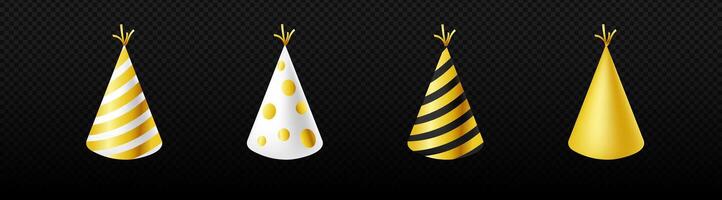 Festive party hats set. Cones with gold stripes and circles vector