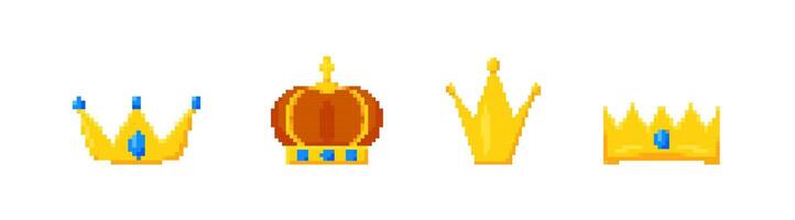 Pixel gold crowns and tiaras set vector