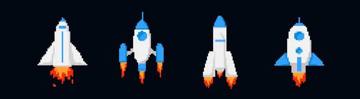 Pixel spaceships and rockets set vector