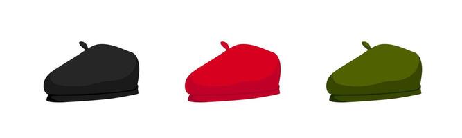 Colored head berets set. Stylish red hats with retro green design vector