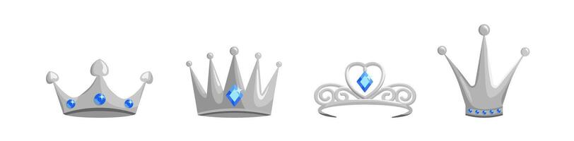 Silver crowns and tiaras set. Blue emerald jewelry for queens and princes vector