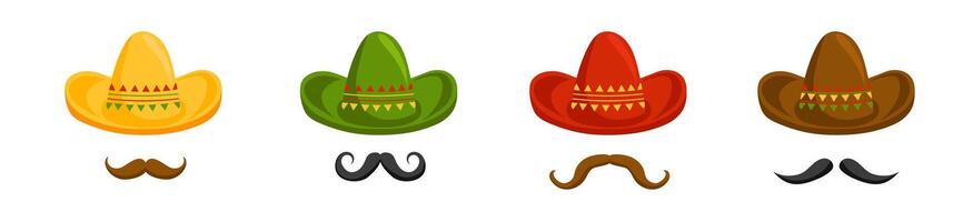 Mexican sombrero hats with mustache set vector