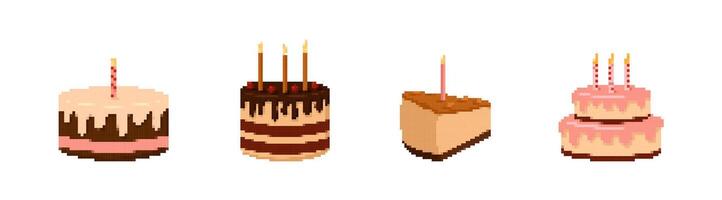 Pixel birthday cakes with candles set vector