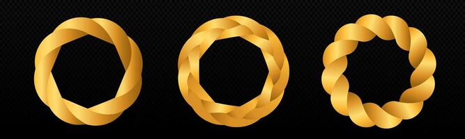 Braid circle golden 3d frame. Round braided ring. Twisted rope vector