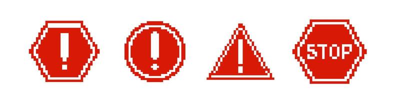 8 bit caution road sign icon. Pixel error retro banner. vector