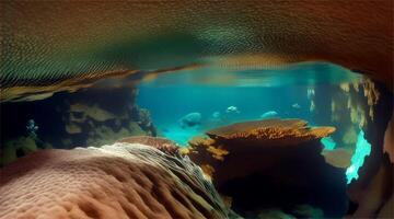 Underwater caves with beautiful rock formations, large corals, and sunlight filtering through the openings. Revealing the intricate textures and colors of the cave walls. video