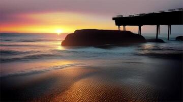 Beautiful sunrise image over the sea. On the shore with large rocks With waves crashing near the long wooden pier. video