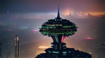 ein futuristisch Stadt mit baumförmig Gebäude auf Dächer umgeben durch Wolkenkratzer. video