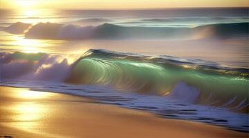 The scene of beautiful sea waves. Approaching the sandy beach with the setting sun reflecting on the sea Makes it look sparkling, beautiful and calming. video