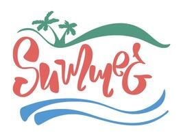 Summer lettering with wave and palm trees vector