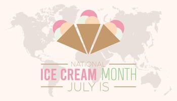 National Ice Cream Month observed every year in July. Template for background, banner, card, poster with text inscription. vector