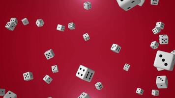 Abstract composition with realistic board game dice randomly falling with shiny red background , motion graphics , 3D render , 4k , 60 fps video