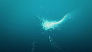 abstrakt animering av blå partiklar slumpvis flytande på en mörk blå bakgrund med mjuk ljus strålar och under vattnet glöd effekt. elegant tapet , rörelse grafik , 4k upplösning , 60 fps video