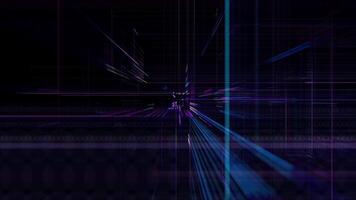 flygande genom mörk cyberrymden med digital element tillverkad av lysande hi-tech rader med rosa och blå neon lampor. vetenskap, dator teknologi och artificiell intelligens bakgrund. 4k, 60 fps video