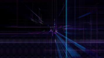 Flying through dark cyberspace with digital elements made of glowing hi-tech lines with pink and blue neon lights. Science, computer technology and artificial intelligence background. 4k, 60 fps video