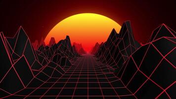 Seamless loop animation of synthwave landscape background with bright red grid , rocky mountain shapes and glowing sunset on a starry night sky in retro style of the 80s and 90s , 4k , 60 fps video