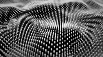 svartvit 3d sammansättning med abstrakt fält av slumpvis rör på sig vit partikel vågor på en svart bakgrund. vetenskap, digital teknologi och artificiell intelligens tapet. 4k , 60 fps video