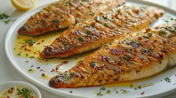 Golden Grilled Fish Delight with Fresh Herbs and Lemon photo