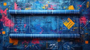 Creative Fusion. Graffiti and Blueprint Mural photo