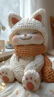 Cozy Knitted Cat Plushie Basking in Soft Morning Light photo