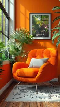 iluminado por el sol serenidad. un acogedor esquina con vibrante naranja silla y verdor foto