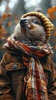 Autumn Whimsy. A Squirrel in Stylish Fall Attire Amidst Golden Leaves photo