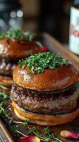 Gourmet Burgers Topped with Fresh Greens on a Wooden Tray photo