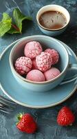 Frozen Delight. Raspberries. Strawberries with a Warm Cup of Coffee photo