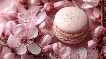 Spring Blossom Delight. A Macaron Amidst Blooming Flowers photo