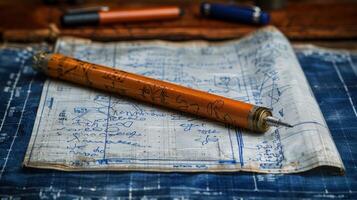 Vintage Drafting Tools and Handwritten Notes on Blueprints photo